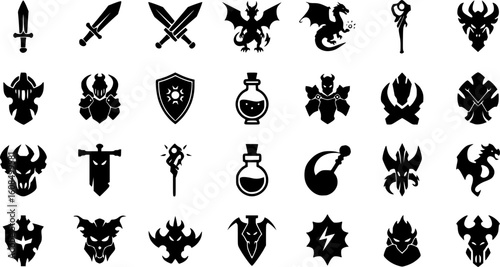 Fantasy Game Icons A Collection of Black Silhouettes.
