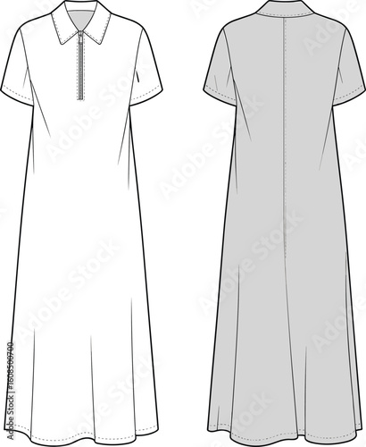 Polo collar A-line midi dress flat sketch with zipper detail, front and back technical cad drawing vector fashion illustration