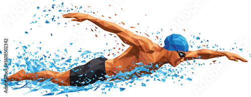 Polygonal swimmer illustration, dynamic freestyle swimming splash effect, abstract sports vector, low poly athlete in motion, blue cap water athlete, swim competition artwork