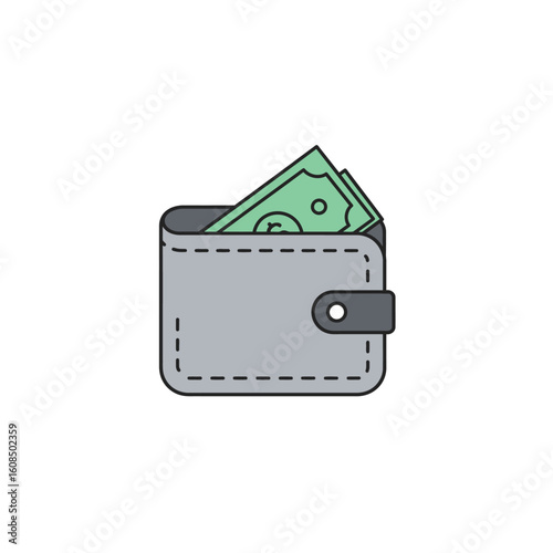 Stylized gray wallet with green paper currency peeking out, secured by a dark gray clasp.