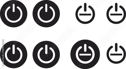 Power button icon set, black filled vector symbols, on off switch design collection, energy control, technology user interface elements