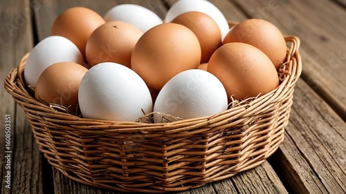 Wallpaper Mural Wicker basket full of fresh brown and white eggs on rustic wooden table, representing farm fresh produce and healthy eating Torontodigital.ca