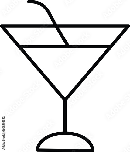 Cocktail glass icon with straw, simple black outline, minimalist style, isolated on transparency background, modern vector illustration, suitable for bar or drink menu design
