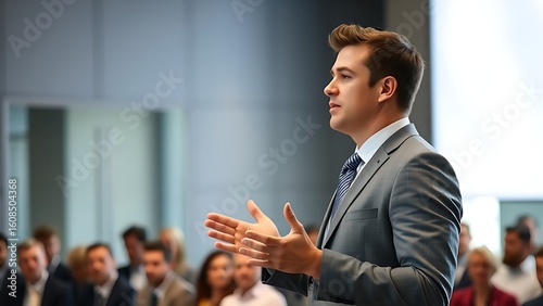 Professional presenter in a grey suit gesturing confidently in a modern conference room setting.