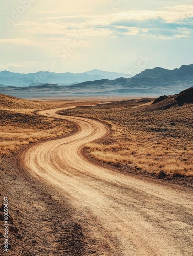 Long empty dirt road through the desert.