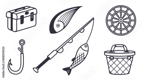 Fishing equipment and gear collection. Hand drawn outline icons of fish, rod, hook, tackle box, and basket.