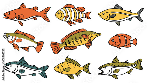 Various colorful fish collection. Set of different types of aquatic animals. Freshwater and marine fish species illustration.