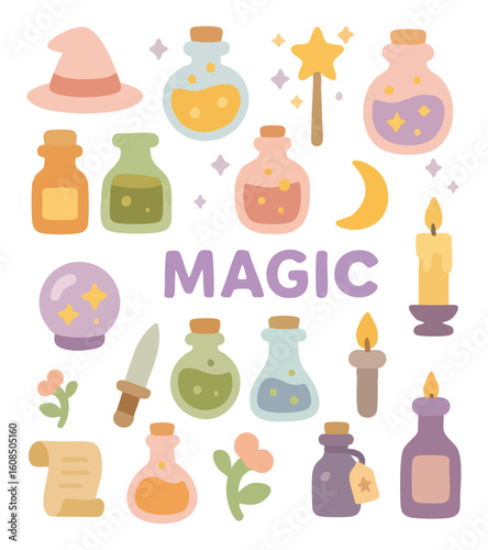 마법 약병과 양초 아이콘 세트, 미스테리하고 환상적인 마법소품 컬렉션 png