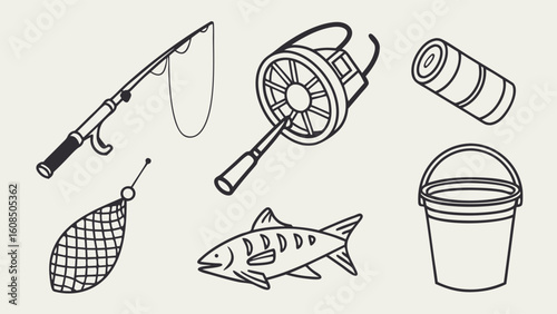 Fishing equipment set with angling gear, fish, rod, reel, net, and bucket. Outdoor hobby line art illustration.