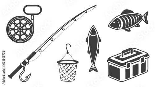 Fishing equipment set with fish. Angler gear collection including rod, reel, tackle box, net, hook. Outdoor sport hobby.