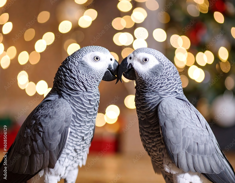 Fototapeta premium Two gray parrots facing each other, heads close, in front of a blurred Christmas background