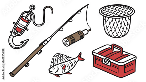 Set of fishing equipment and gear for angling hobby. Fishing rod, net, tackle box, and lure for sport and recreation.