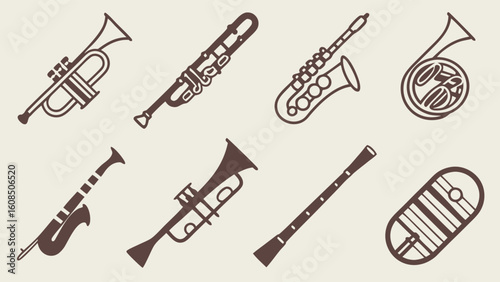 Musical instruments vector icons set. Wind instruments collection including brass and woodwind for music, band, orchestra.