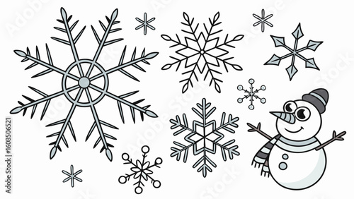 Winter snowflakes and snowman set. Christmas holiday season cold frosty ice design elements. White background.