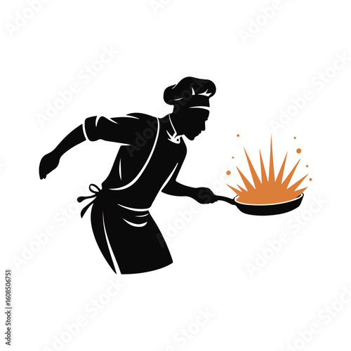 Chef Silhouette Cooking with Frying Pan and Food Burst in Black and Gold