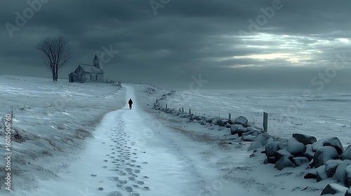 Loneliness captured by footprints heading to remote gravestone in bleak winter setting