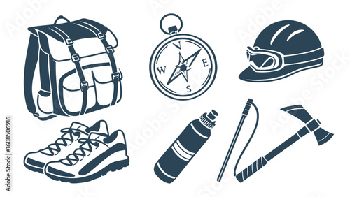 Outdoor adventure travel gear and equipment set with backpack, compass, helmet, hiking shoes, water bottle, and ice axe.