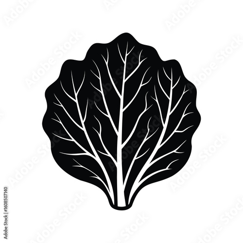 Stylized monochrome bok choy illustration with organic flowing shape and detailed veins