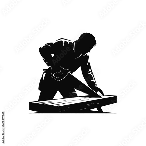Silhouette Carpenter Sawing Wood Plank Carpentry Craftsman Woodworking Professional Skilled Work