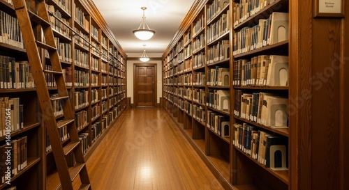 Long Perspective View into the Academic Library with Wooden Bookshelves and Ladder