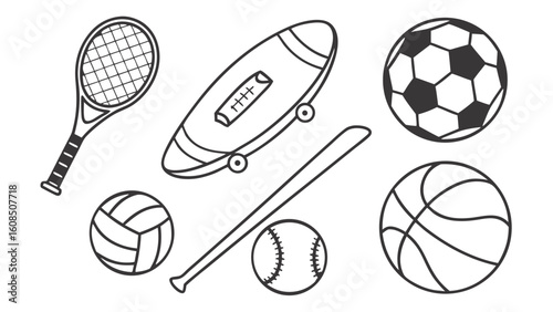 Various sports equipment and gear including balls, racket, bat, and skateboard for games and fitness