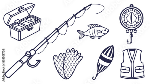 Fishing equipment and gear collection. Angling tools, rod, tackle box, fish, scale, bobber, gloves, vest for hobby.