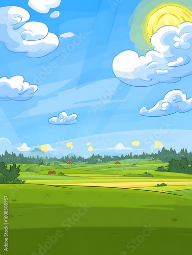 Cartoon summer landscape with blue sky