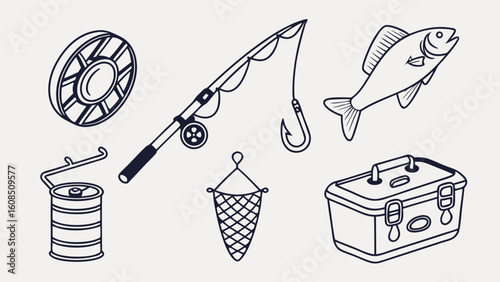 Fishing equipment collection. Angling tools, tackle box, rod, fish, net, reel, bait can. Outdoor hobby and sport items.