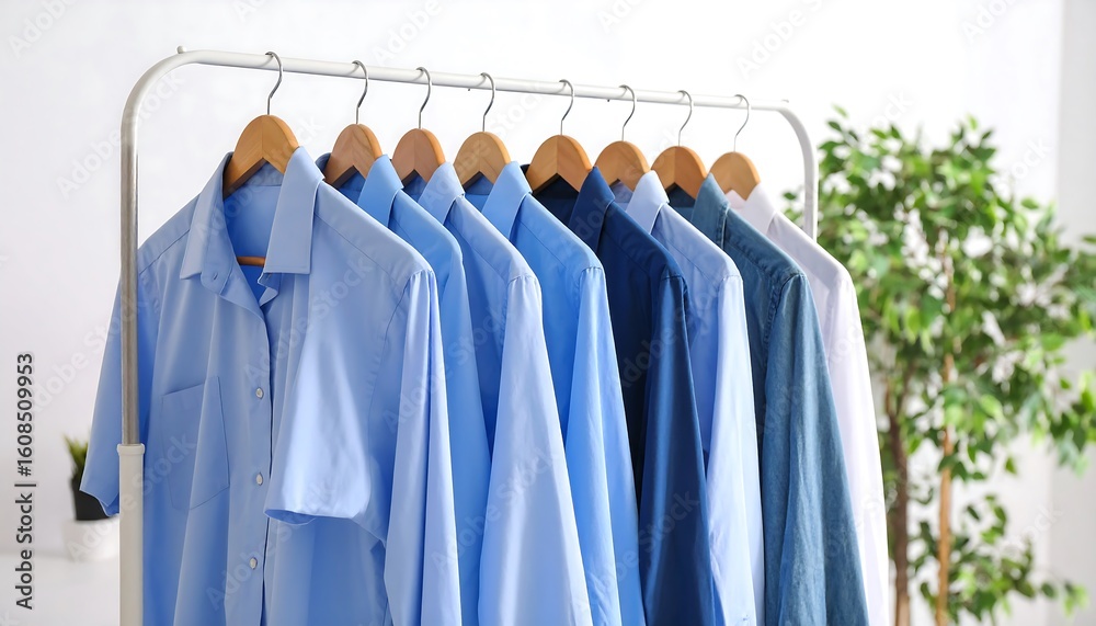 Obraz premium Different shades of blue shirts on hangers