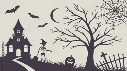 Spooky Halloween night landscape with haunted house, flying bats, bare tree, skeleton, pumpkin, and graveyard.