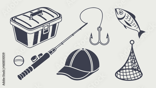 Fishing equipment and gear set with rod, tackle box, hook, fish, net, and cap. Outdoor sport angling hobby.