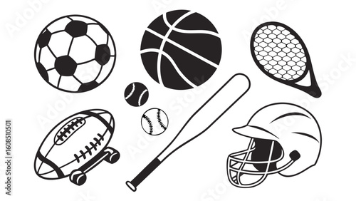 Sports equipment set with various balls like soccer, basketball, football, tennis, baseball. Athletic gear for games and recreation.