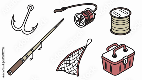 Fishing gear and equipment set. Tackle, rod, reel, hook, net, line, tackle box for outdoor sport, hobby, angling.