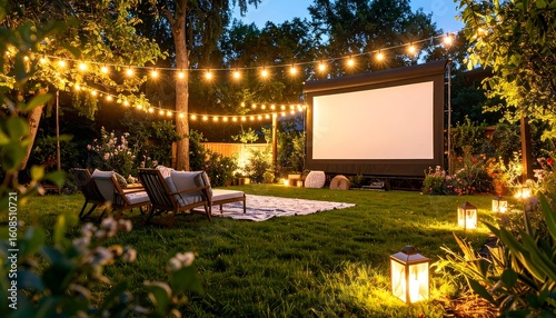 Outdoor movie night setup in a backyard, with string lights, seating, and a projector screen
