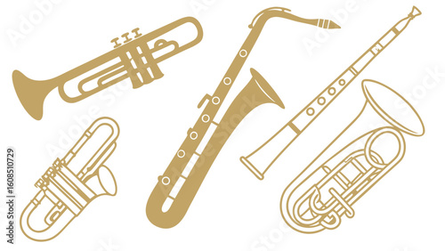 Various brass and woodwind musical instruments. Trumpet, saxophone, tuba, clarinet for band, orchestra, and music.