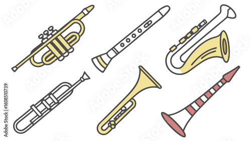 Collection of various musical wind instruments. Brass and woodwind instruments for music, orchestra, band, and sound concepts.