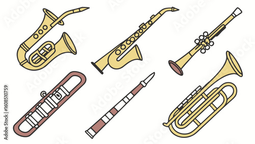 Wind musical instruments collection. Set of brass and woodwind instruments for orchestra, band, and music lessons.