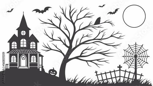 Spooky Halloween night scene with haunted house, bare tree, bats, full moon, pumpkin, and graveyard silhouette.