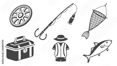 Fishing gear and equipment set including angler, fish, rod, net, and tackle box. Outdoor hobby sport vector illustration.