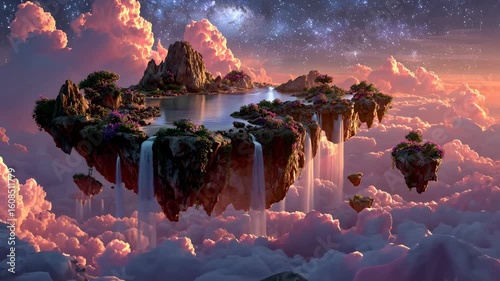 Floating Islands with Waterfalls in a Dreamy Cloudscape under a Starry Sky
