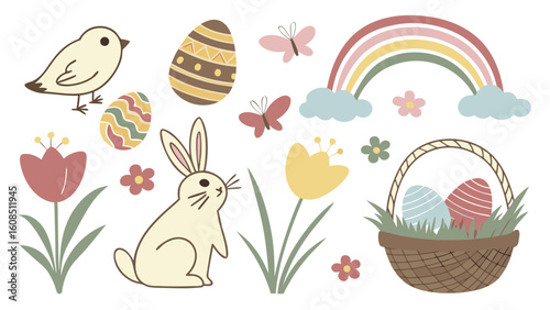 Cute Easter Spring elements set with bunny, colorful eggs, basket, flowers, rainbow, and bird. Holiday collection for kids.