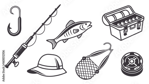 Fishing gear and equipment set. Collection of essential items for angling, sport, and outdoor hobby. Rod, reel, hook, tackle box, net, hat, fish.