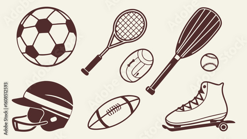 Sports equipment icons set line art. Various sport gear items for fitness, recreation, active lifestyle, games, and play.