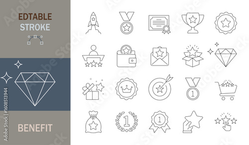 Benefit icon set. Editable line icons. Vector illustration.