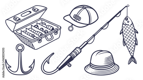 Fishing gear and equipment set with rod, fish, tackle box, hook, anchor, and hats. Outdoor hobby and recreation.