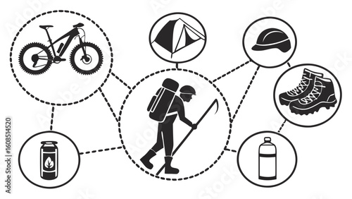 Hiker with essential outdoor adventure gear. Equipment for trekking, camping, and sports preparation concept.