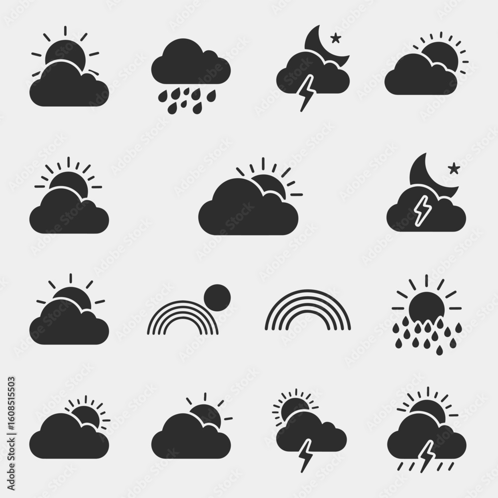 Obraz premium The weather icons show a variety of weather conditions, including rain, sun, and clouds.