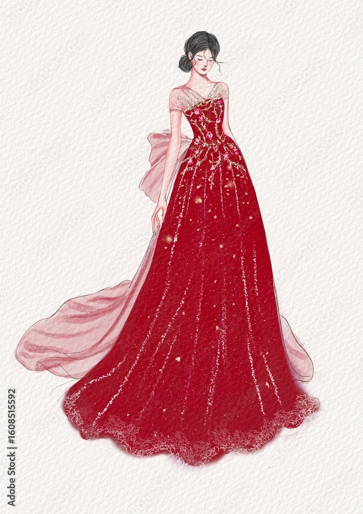 Obraz premium Fashion illustration.Stunning gown in red color. fitted bodice and a flowing skirt that gracefully trails behind. beautiful bow adorns the back. formal occasions. sophistication and glamour.