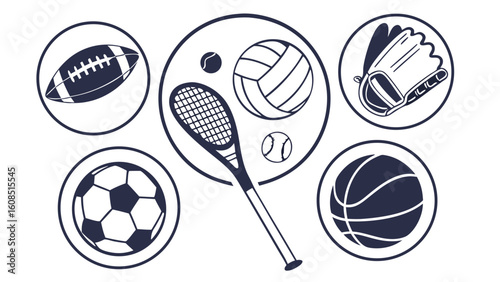Sports equipment vector icons set. Collection of various balls and gear including football soccer basketball tennis volleyball.