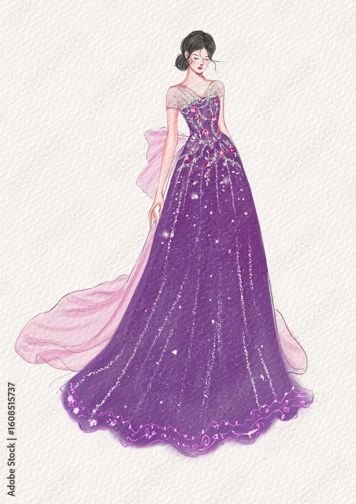 Obraz premium Fashion illustration.Stunning gown in purple color. fitted bodice and a flowing skirt that gracefully trails behind. beautiful bow adorns the back. formal occasions. sophistication and glamour